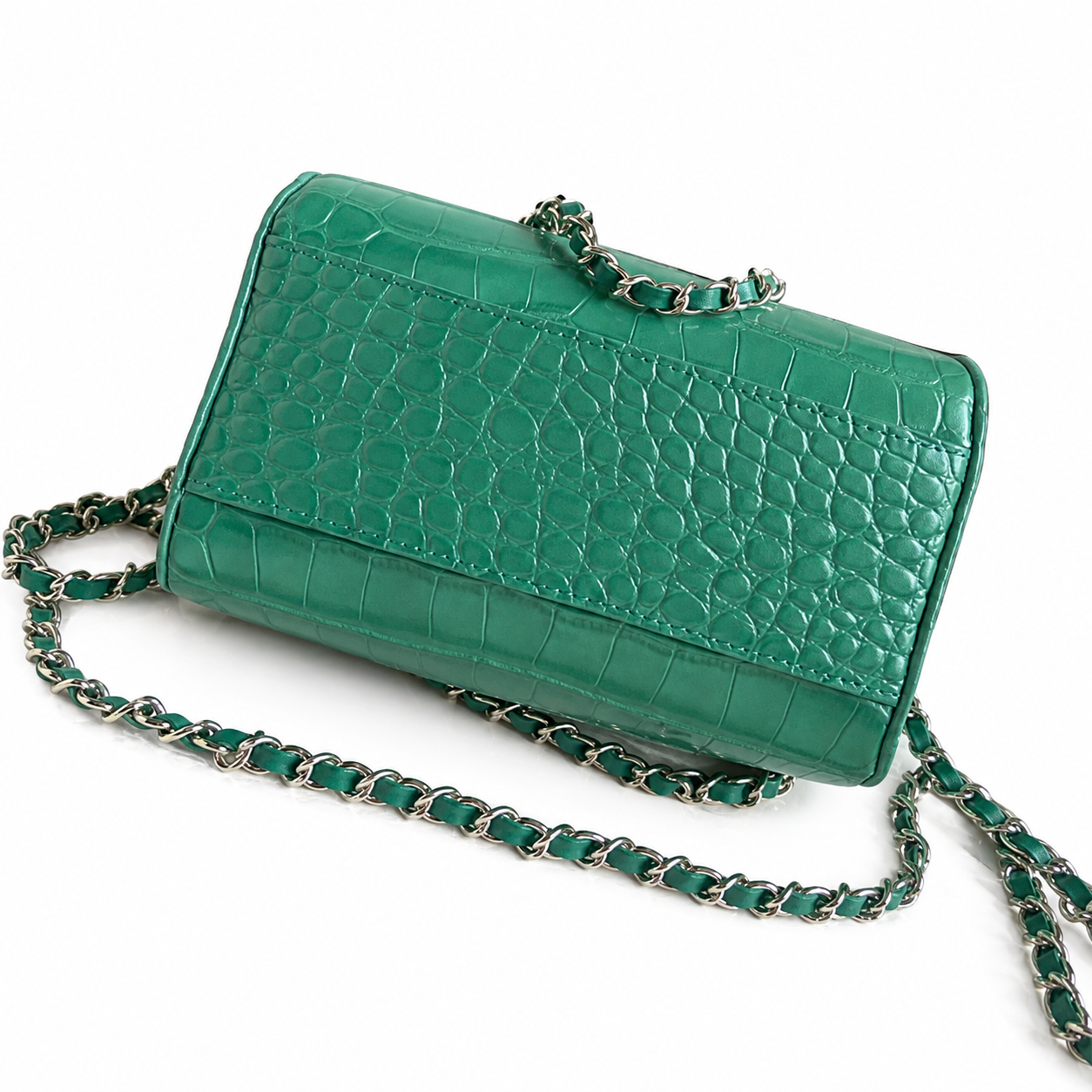 Chanel Jade Green Croc-Embossed Camera Bag | Gold CC Badge & Burgundy Interior