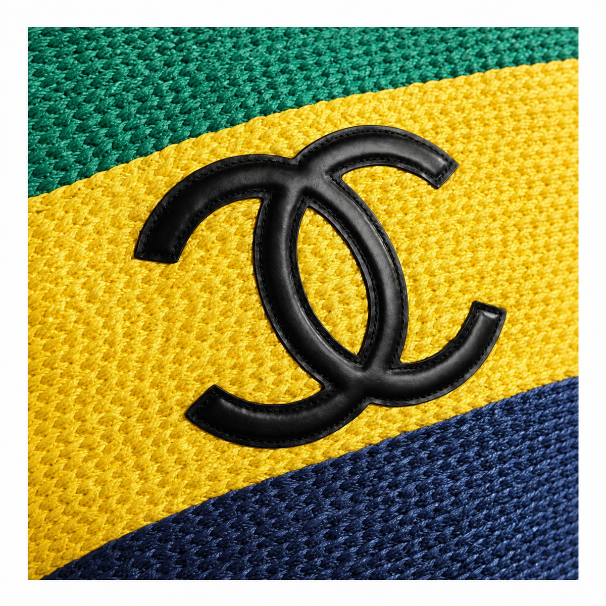 Chanel Green, Yellow & Navy Raffia Market Tote | Black CC & Leather Handles — 58cm