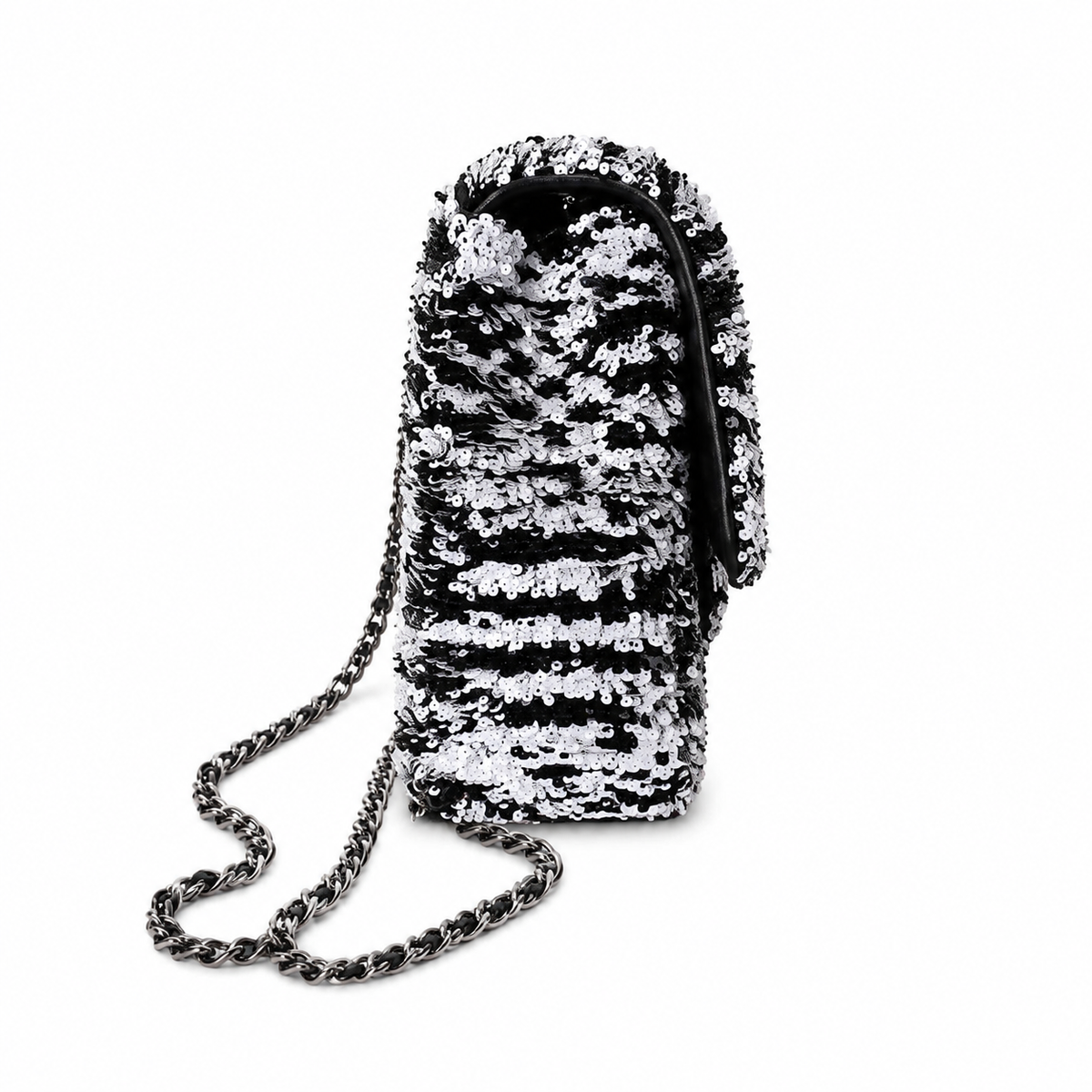 Chanel Black & White Zebra-Print Oversized Sequin Flap Bag | Square Gunmetal CC Turn-Lock & Black Leather Chain