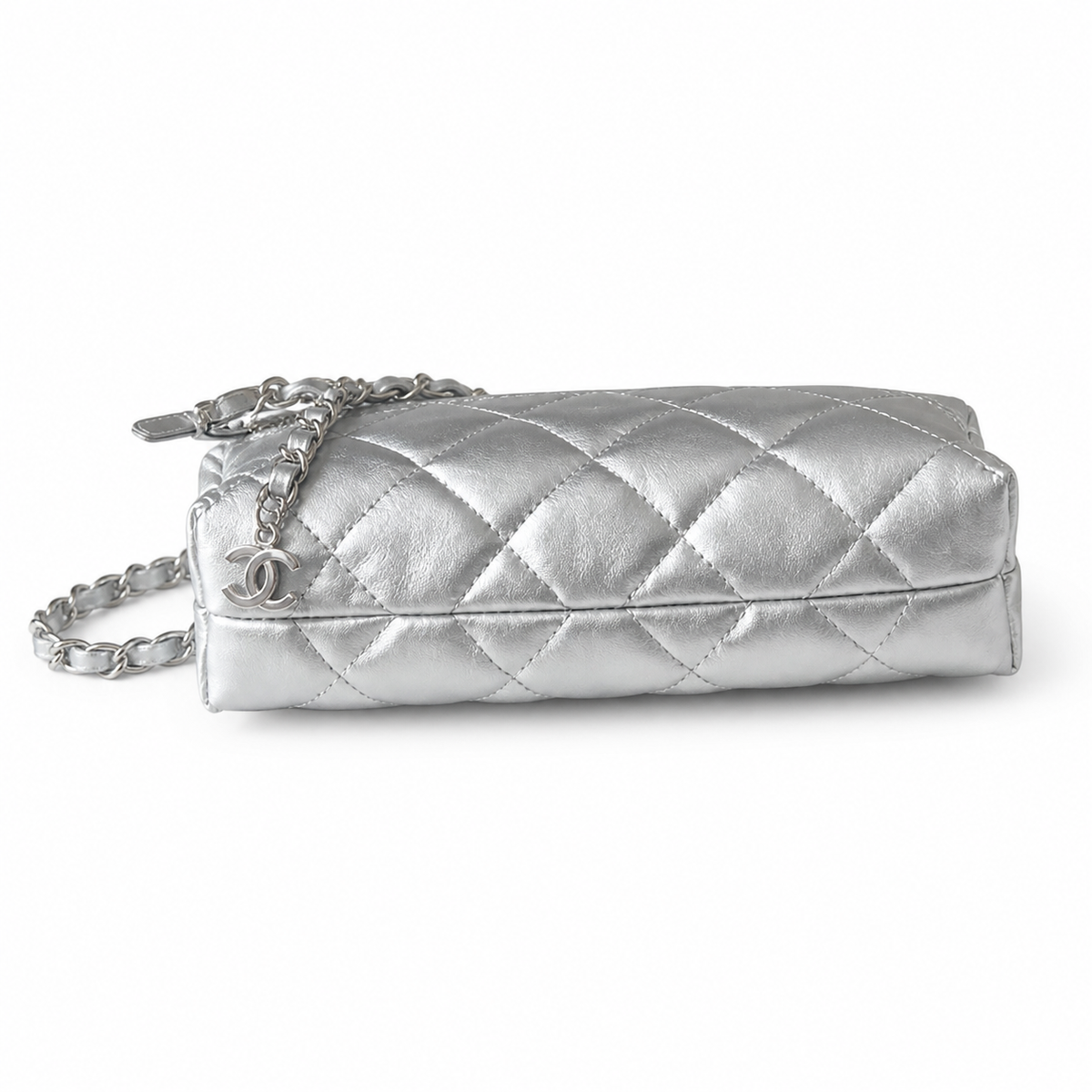 Chanel Silver Metallic Quilted Hobo | Tonal CC & Draped All-Chain Strap — 26cm