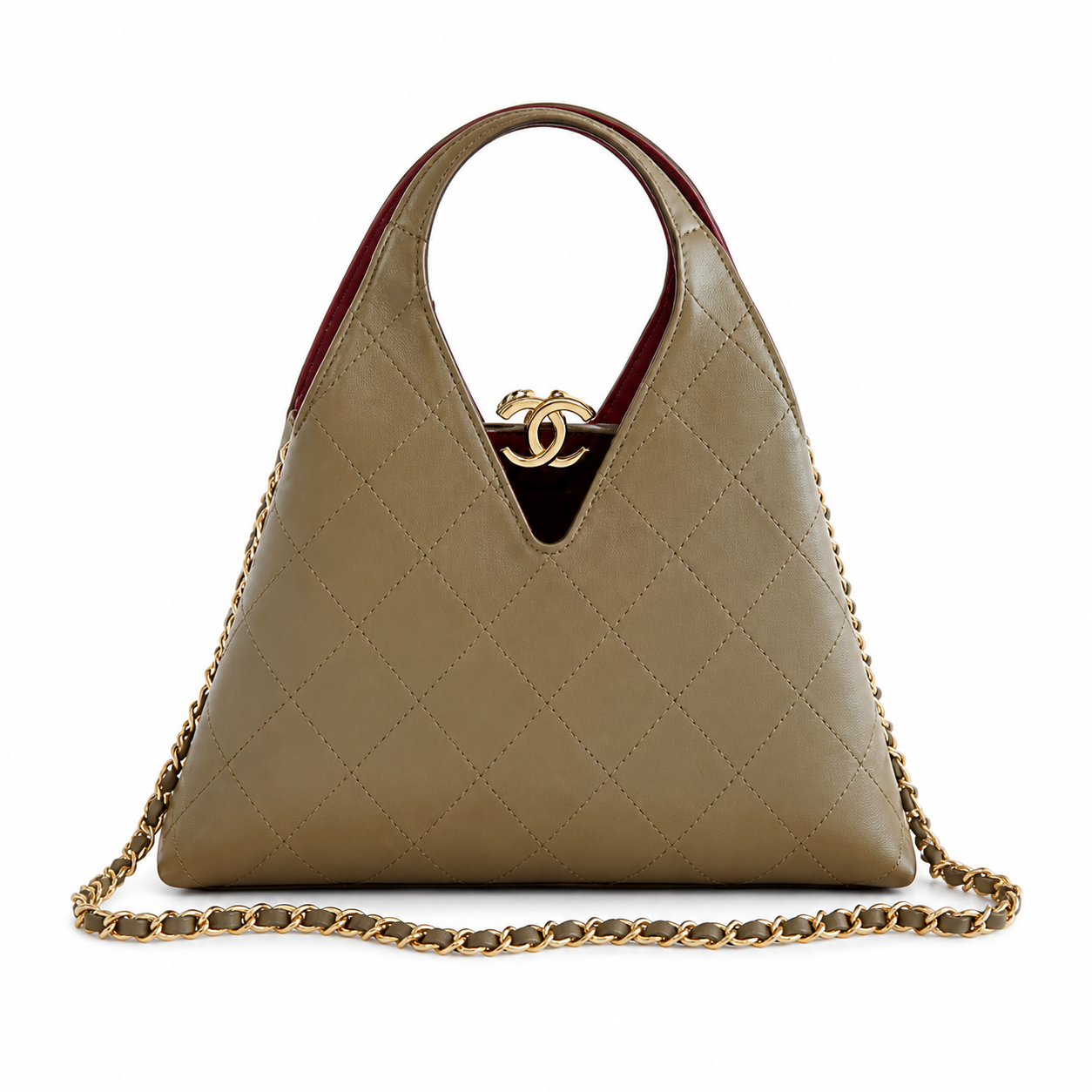 Chanel Large Hobo Bag Sage Green Diamond-Quilted Lambskin | Burgundy Interior & Gold CC Clasp — 32cm