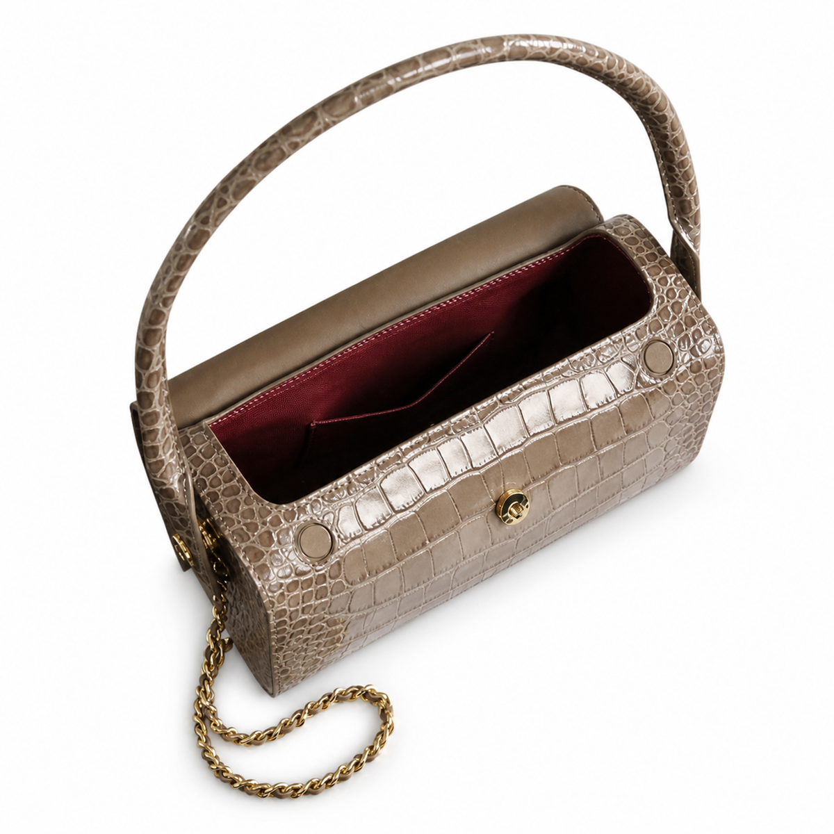Chanel CC Croc-Embossed Cylindrical Flap Bag | Taupe & Gold — 23cm