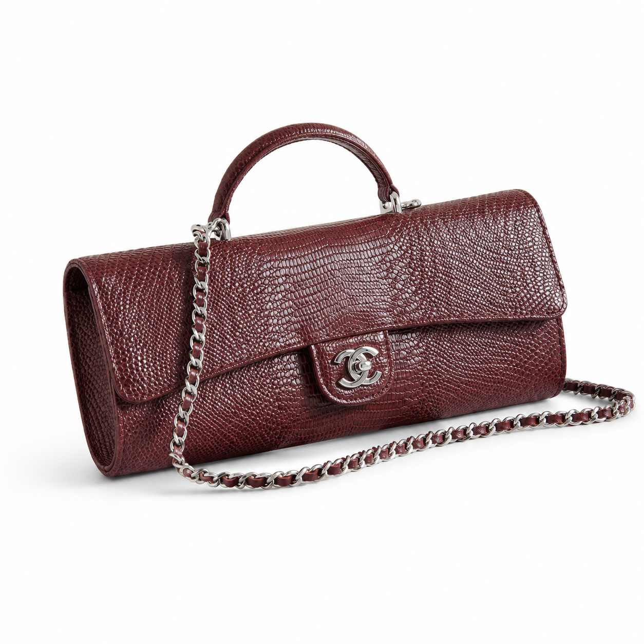Chanel Cherry Red Lizard-Embossed Baguette Flap Bag | Top Handle & Red-Threaded Silver Chain