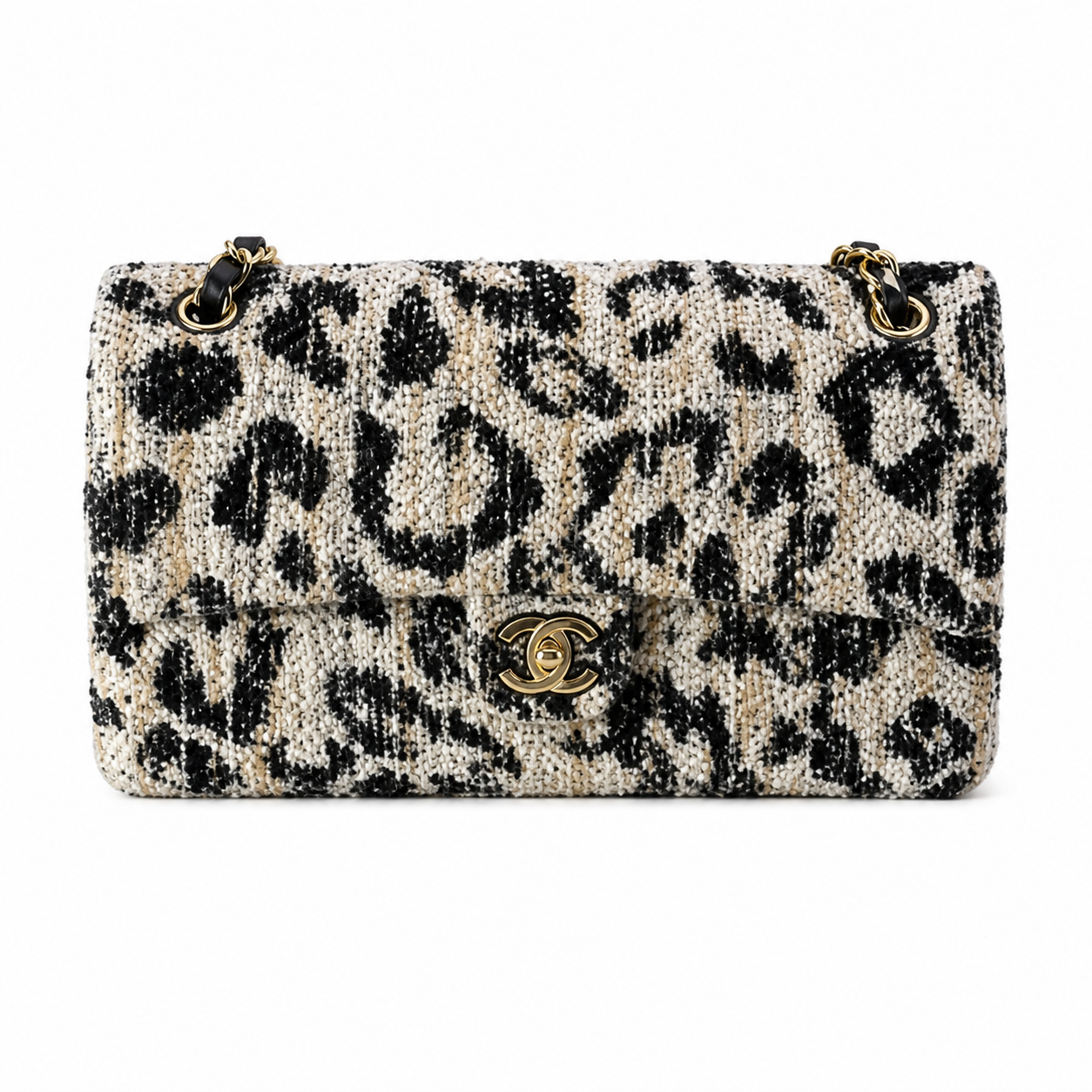 Chanel Classic Flap Bag Leopard Print Tweed Black Beige | Aged Gold CC — 32cm