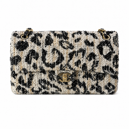 Chanel Classic Flap Bag Leopard Print Tweed Black Beige | Aged Gold CC — 32cm