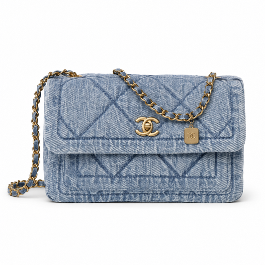 Chanel Denim Quilted Flap Bag | CC Turn-Lock Gold Chain — 18x28cm