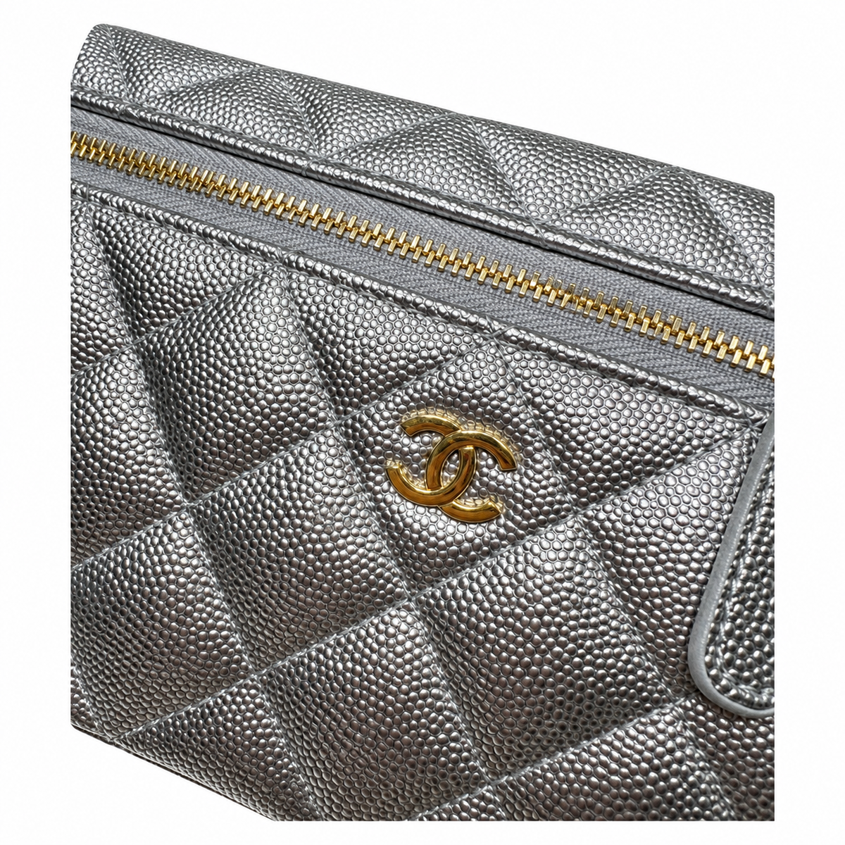 Chanel Quilted Silver Metallic Vanity Case Bag Pearl Chain 19.5cm
