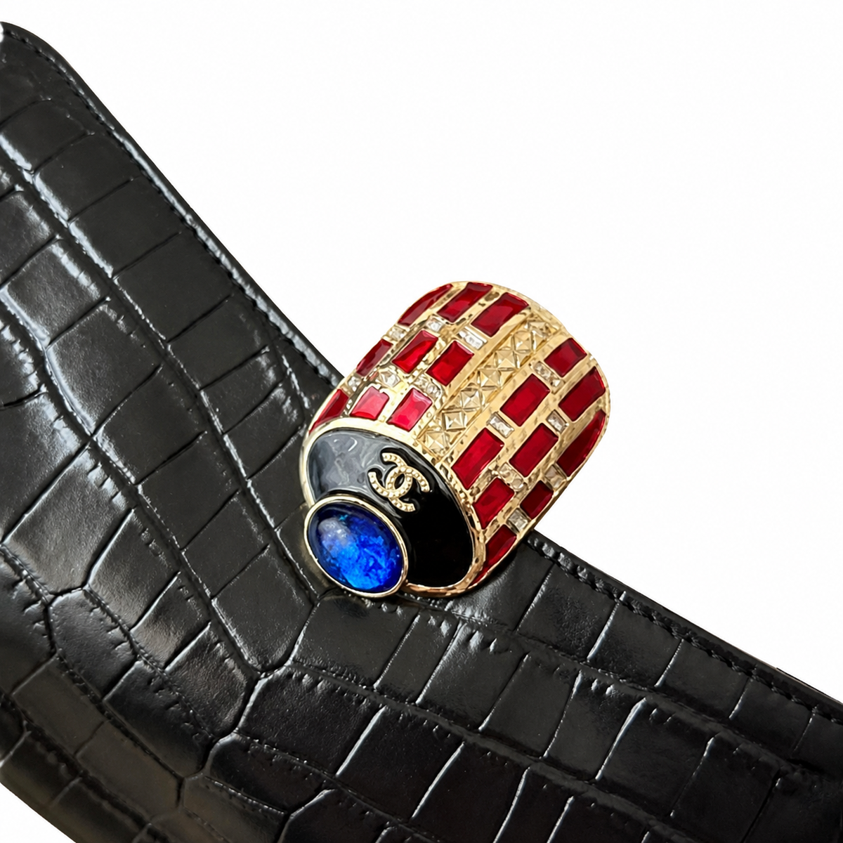 Chanel Black Croc-Embossed Evening Clutch | Jeweled Scarab CC — Blue Lapis & Red Enamel — 30cm
