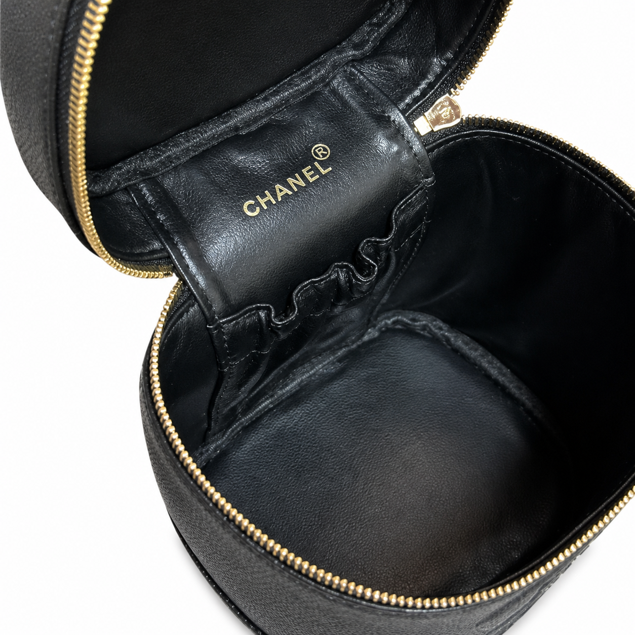 Chanel CC Caviar Leather Vanity Cylinder Case | Black & Gold Zip — 17cm
