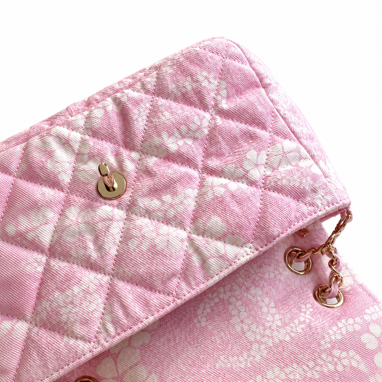Chanel Pink & White Floral Tweed Bouclé Small Classic Flap Bag | Gold CC Turn-Lock, Rose Gold Chain & Tonal Pink Lining