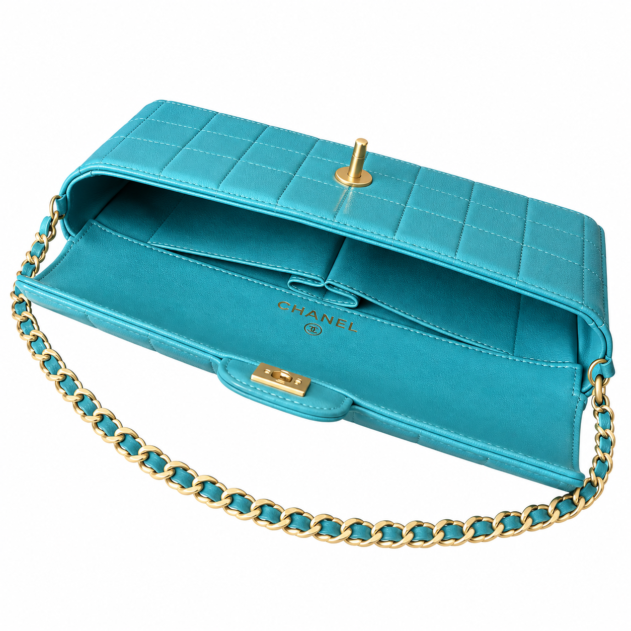 Chanel Square Quilted Lambskin East West Flap Bag Teal Gold 26cm