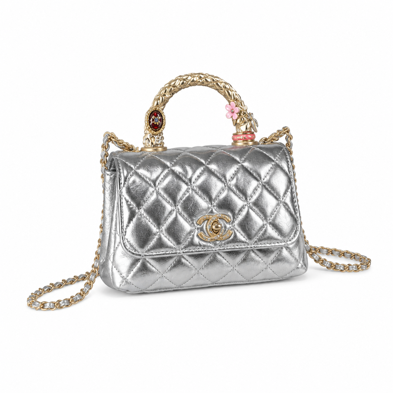 Chanel Silver Quilted Lambskin Mini Flap | Jeweled Gold Handle & Ruby Gemstone — 19cm