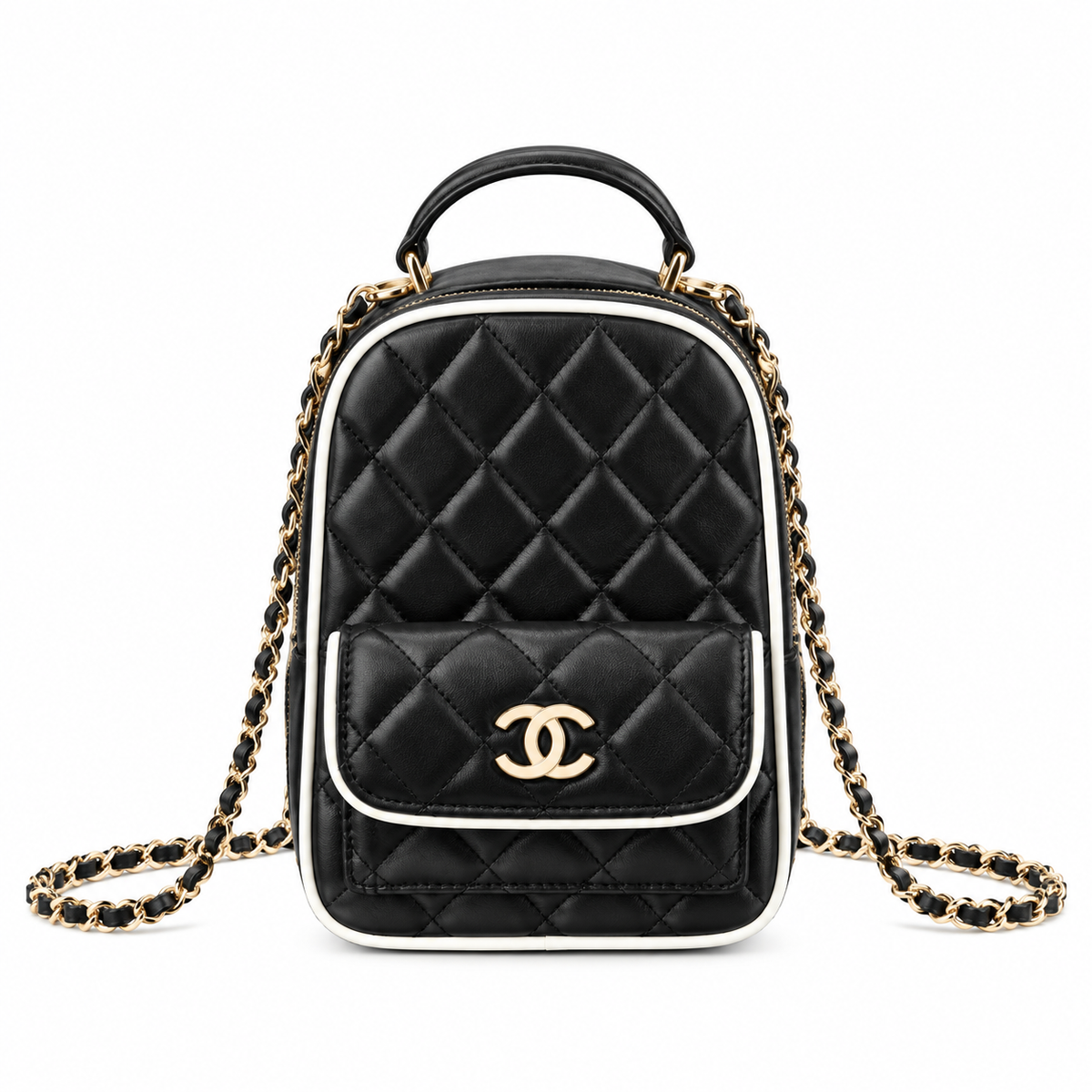 Chanel Quilted Lambskin Mini Backpack Black White Piping 18×13×9cm