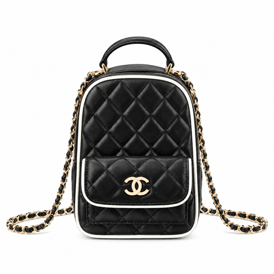 Chanel Quilted Lambskin Mini Backpack Black White Piping 18×13×9cm