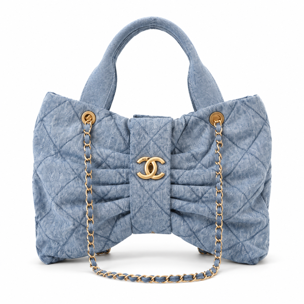 Chanel Denim Quilted Large Shopping Tote | Gold Chain Blue — 29x38cm