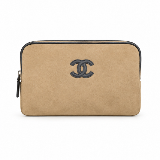 Chanel Camel Suede Barrel Bag | Black CC Appliqué & Black Leather Trim