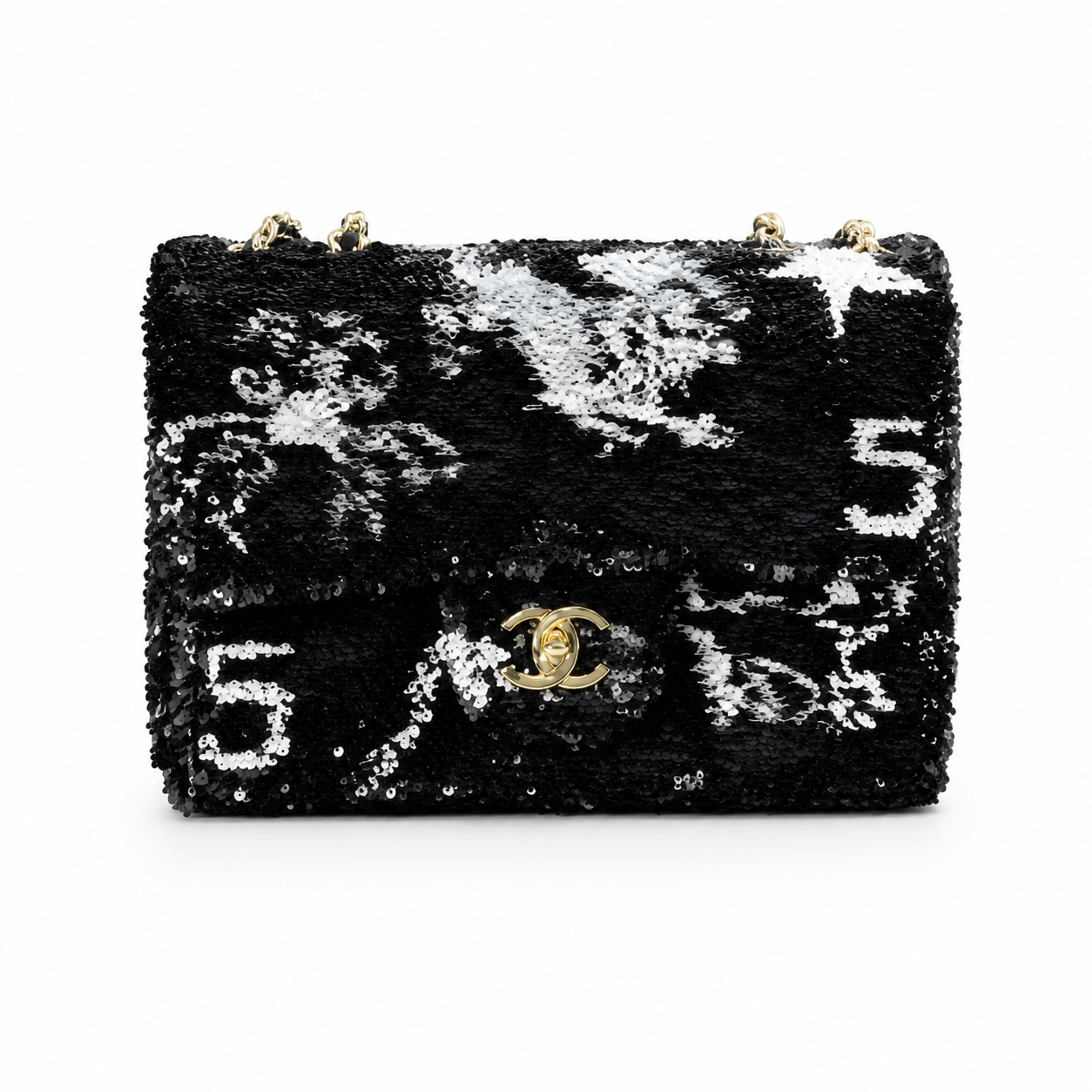 Chanel Black & Silver Sequin Mini Flap Bag | Camellia & Teal Gemstone CC — 21cm