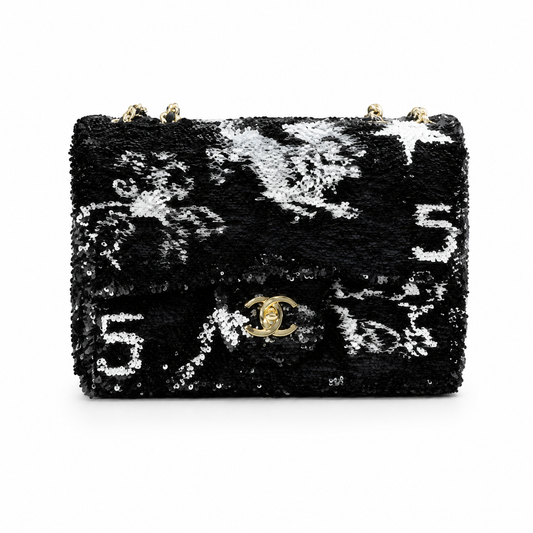 Chanel Black & Silver Sequin Mini Flap Bag | Camellia & Teal Gemstone CC — 21cm