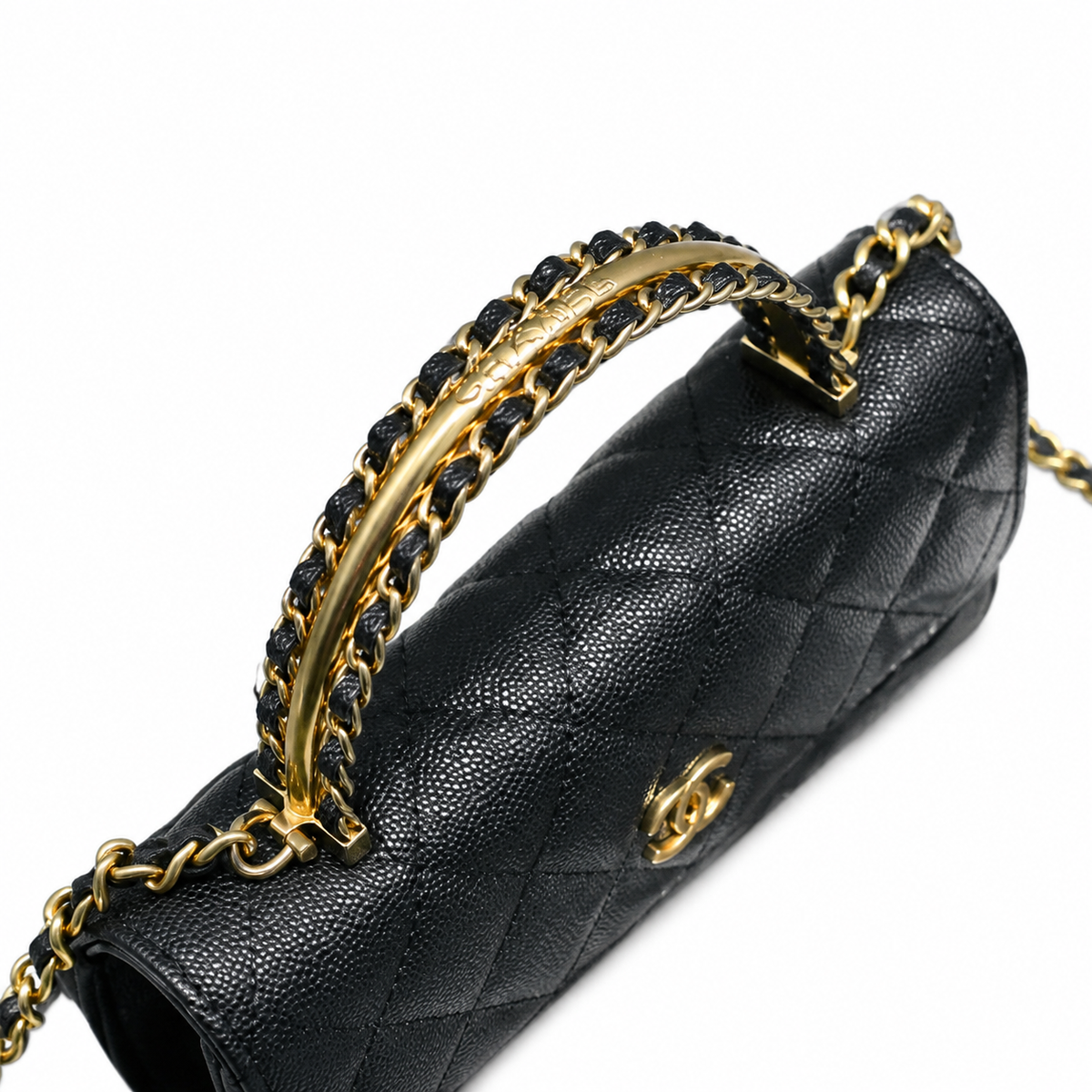Chanel Black Quilted Caviar Mini Flap Bag | Top Handle & Gold Chain
