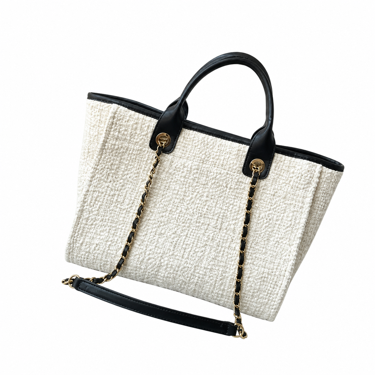 Chanel Deauville Tote Ivory Bouclé | Black Leather CHANEL CC PARIS Appliqué & Gold Chain — 33cm