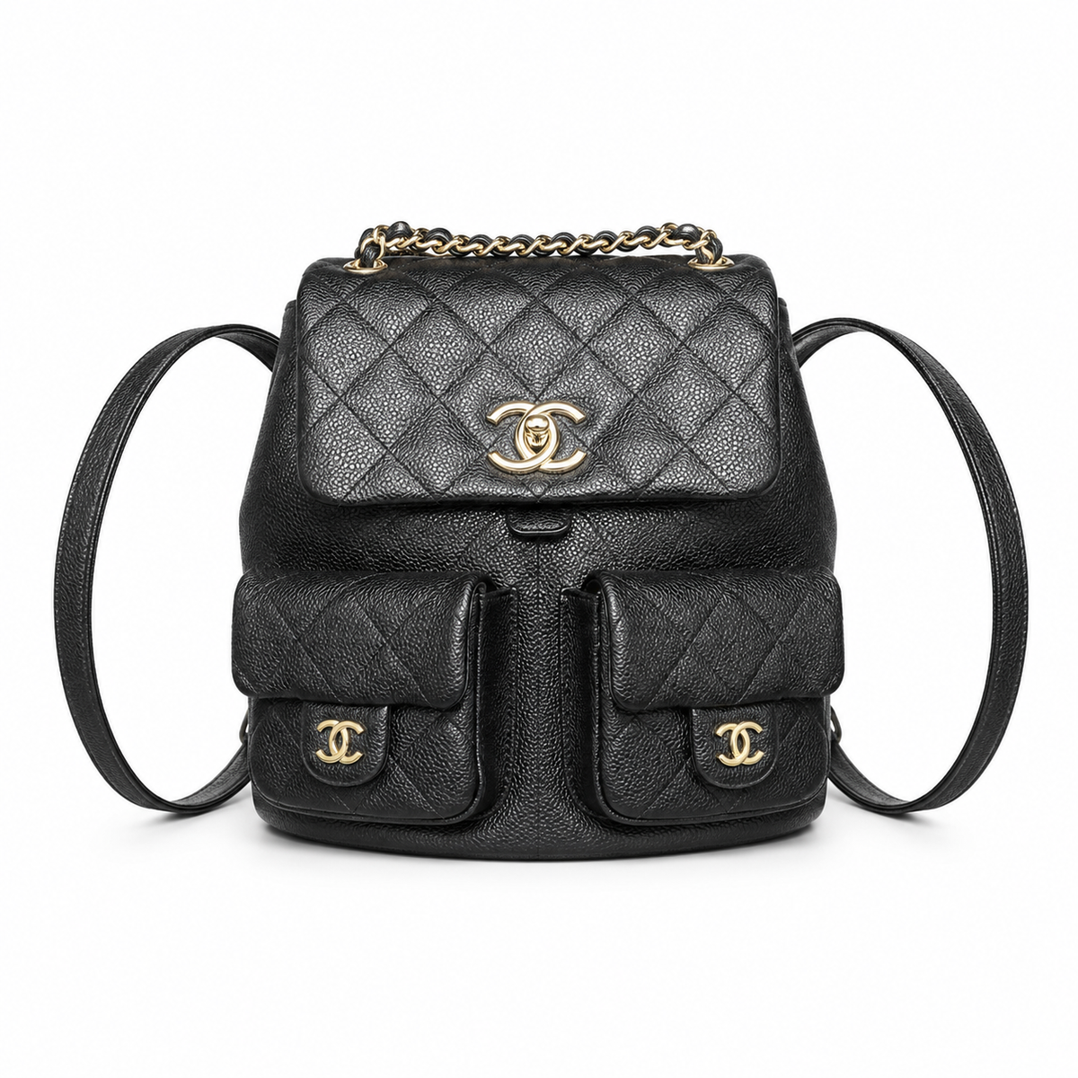 Chanel Duma Grained Leather Backpack | CC Turn-Lock Antique Gold Chain Black — 20.5x20cm
