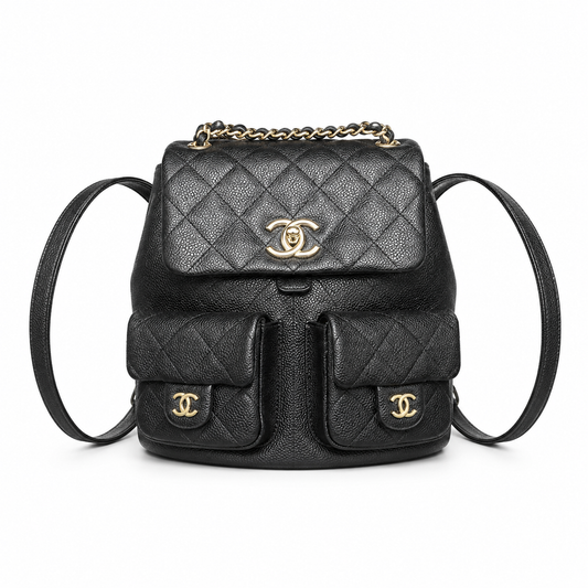 Chanel Duma Grained Leather Backpack | CC Turn-Lock Antique Gold Chain Black — 20.5x20cm