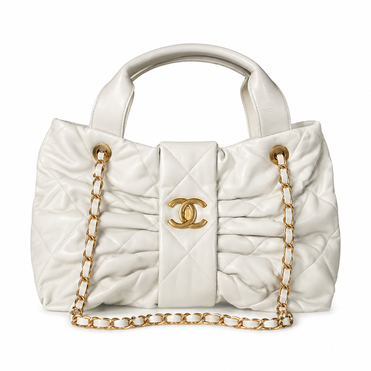 Chanel Quilted Lambskin Large Bowling Tote | CC Pocket Gold Chain White — 29x38cm