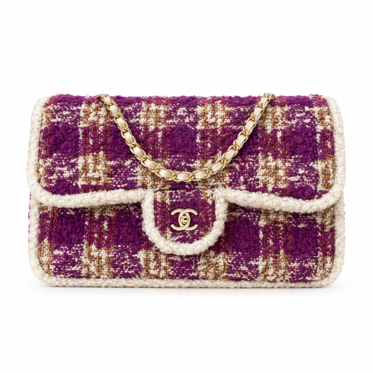 Chanel Tweed Scallop Flap Bag Fuchsia Gold 21×33×10cm