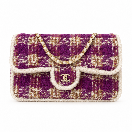 Chanel Tweed Scallop Flap Bag Fuchsia Gold 21×33×10cm