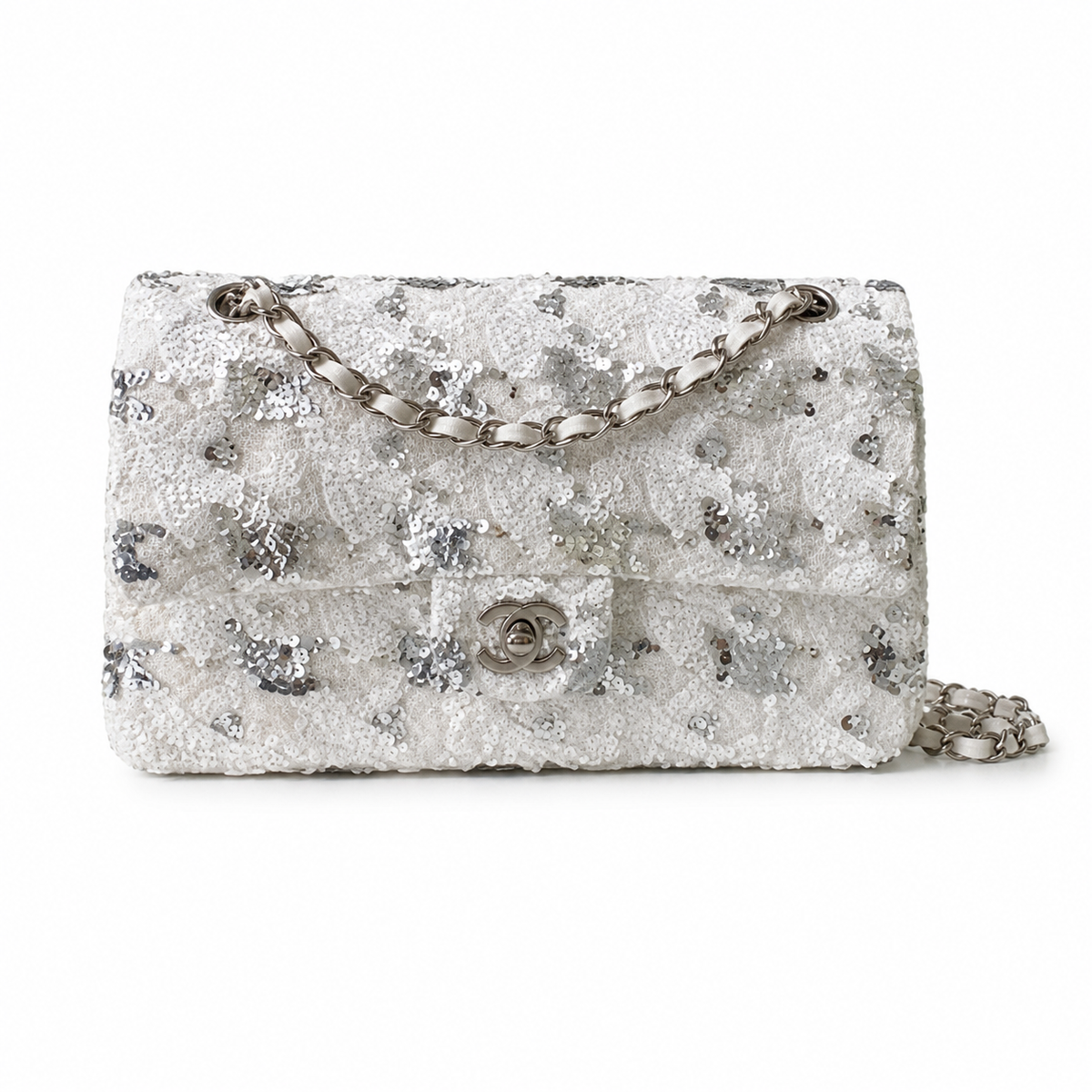 Chanel White & Silver Sequin Leopard Classic Flap Bag