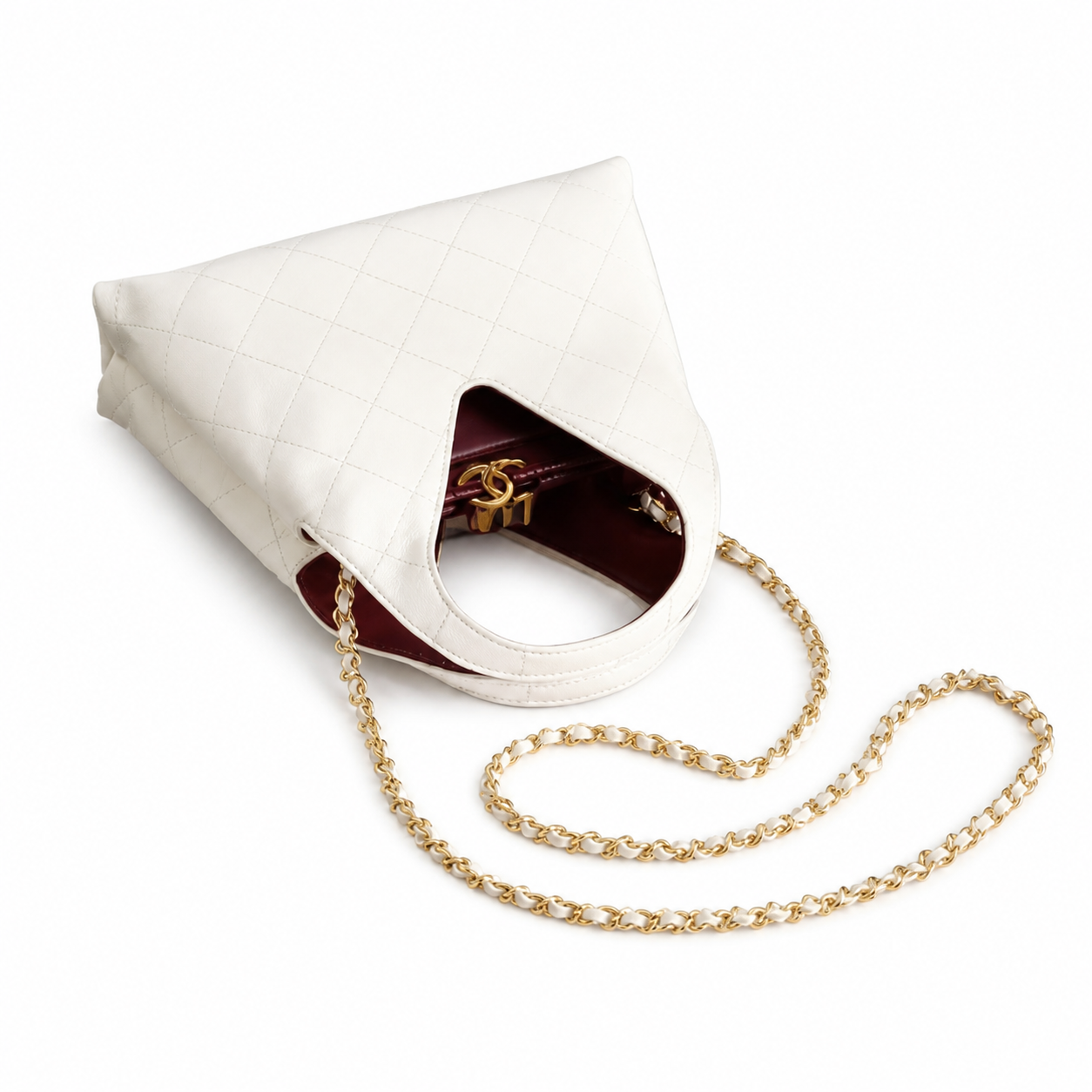 Chanel Large Hobo Bag Ivory White Diamond-Quilted Lambskin | Burgundy Interior & Gold CC Clasp — 32cm