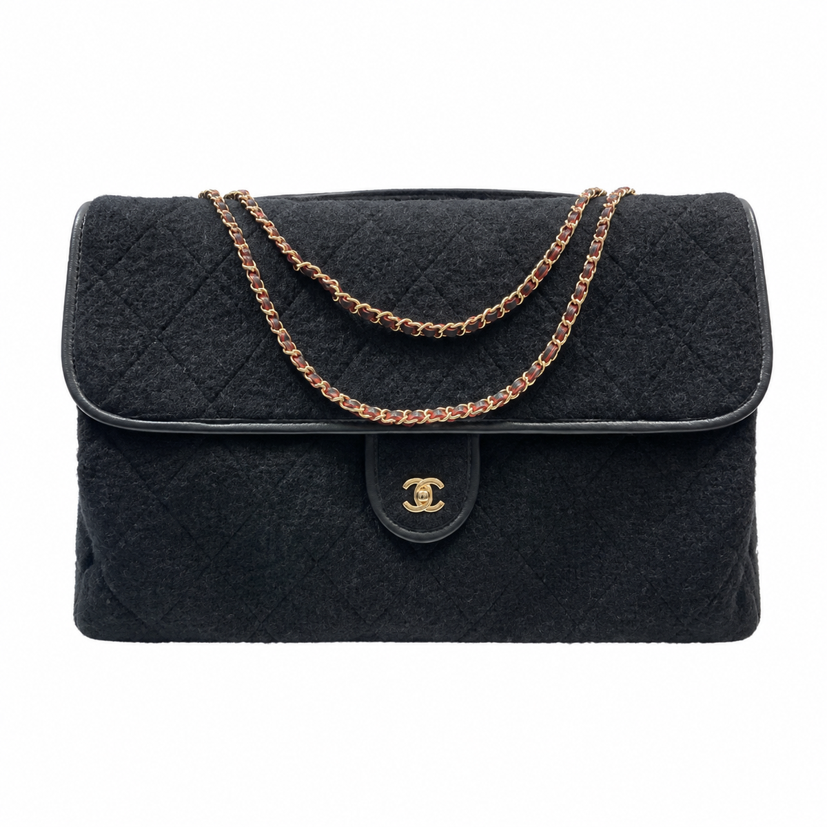 Chanel Wool Felt Quilted Maxi Flap Bag | CC Turn-Lock Gold Red Chain Black — 50x28cm