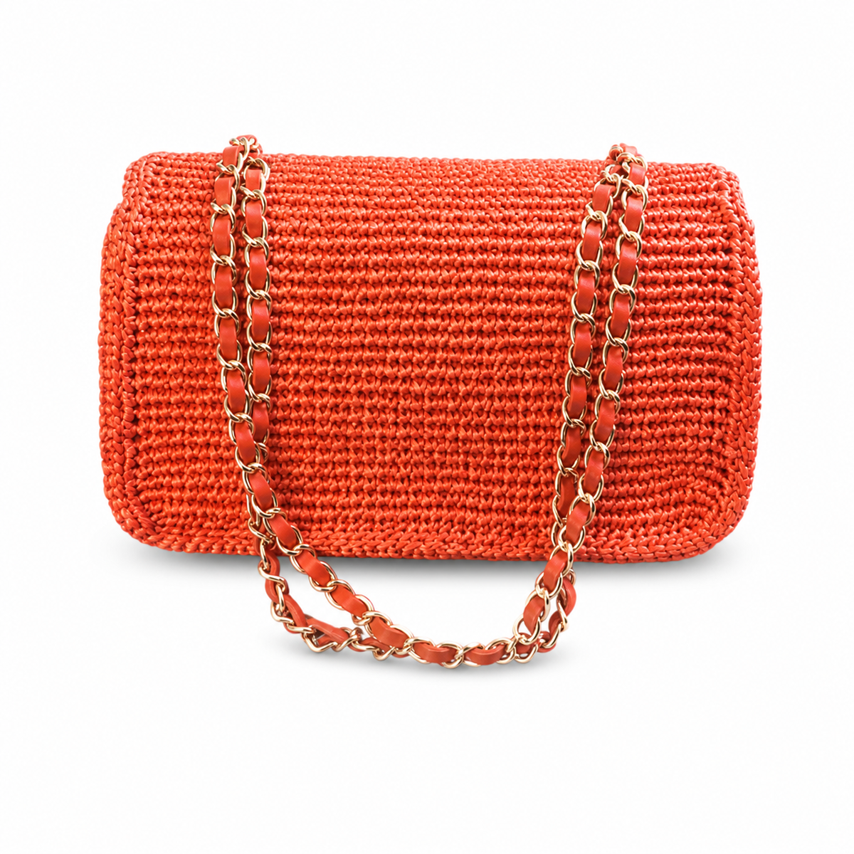 Chanel CC Raffia Woven Flap Bag | Orange-Red & Gold Chain — 25cm