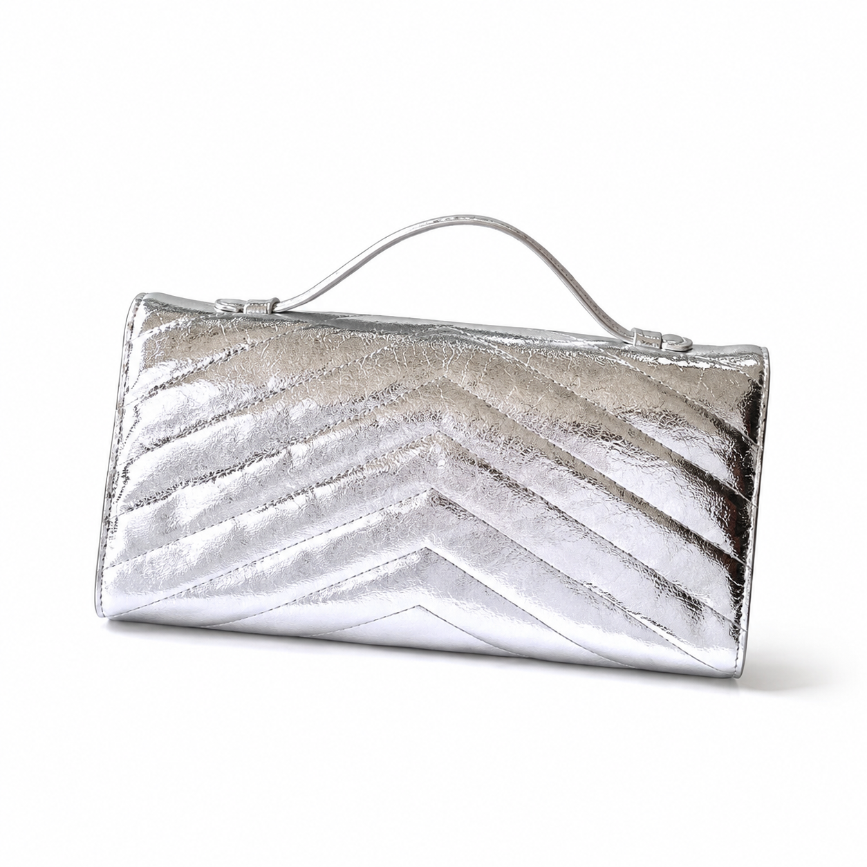 Chanel Silver Crinkled Metallic Envelope Bag | Chevron Quilting, Gold CC & Top Handle