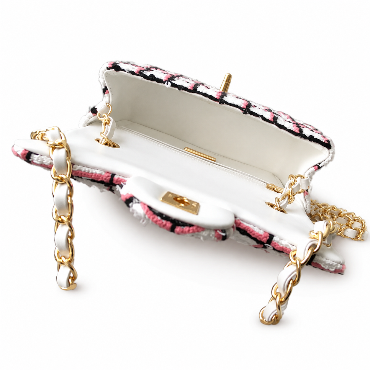 Chanel Tweed Crystal Flap Bag | Gold Chain Pink White Black — 20cm