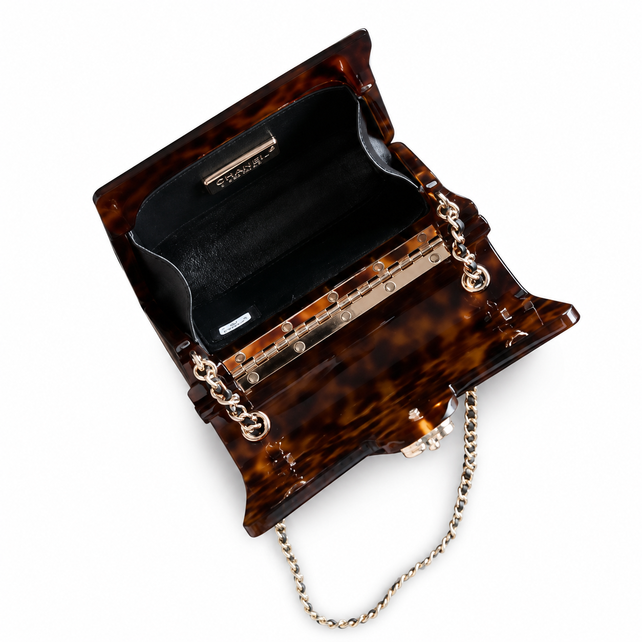 Chanel Tortoiseshell Resin Minaudière Clutch | Gold Hinge Chain Brown — 9x12cm