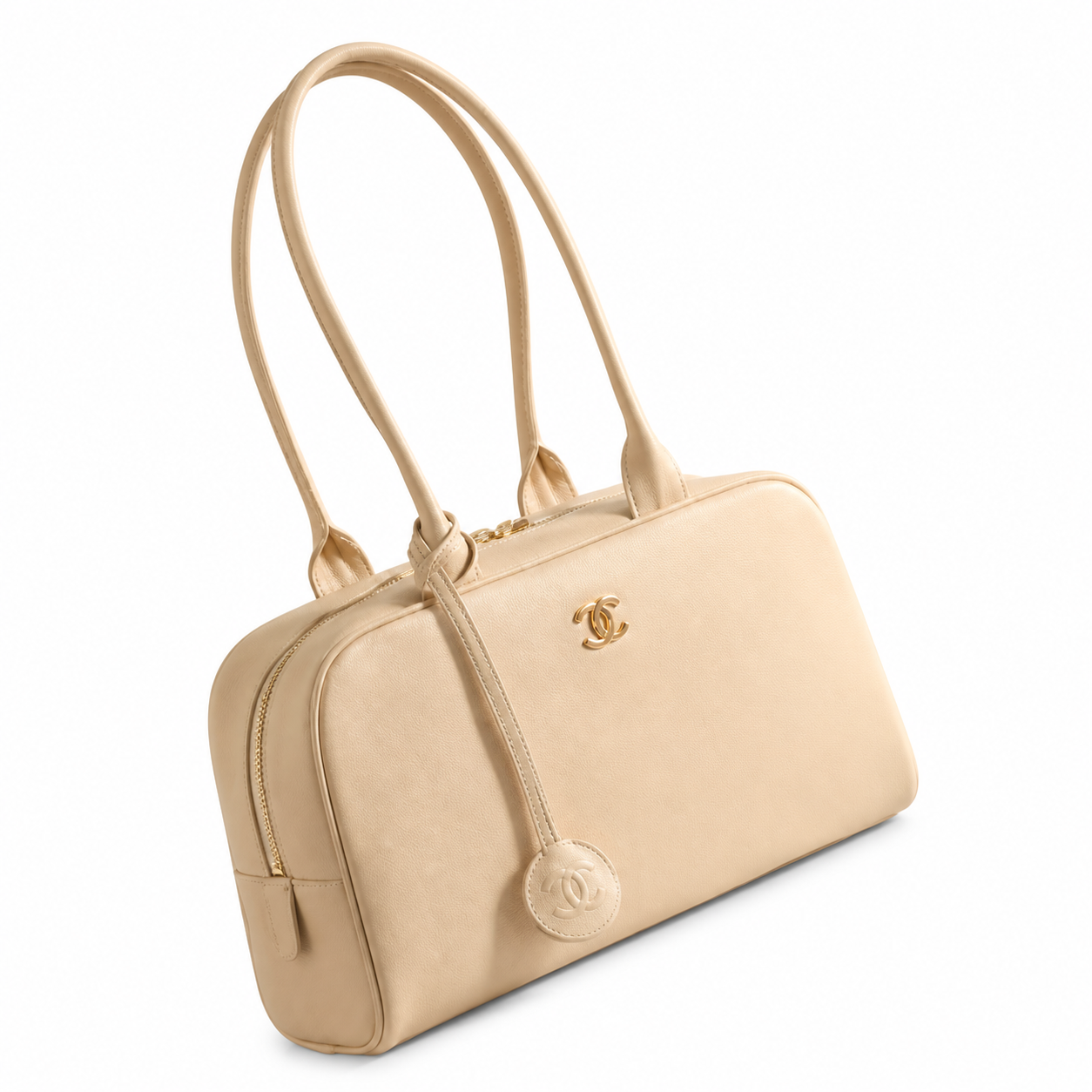 Chanel Bowling Bag Cream Ivory Smooth Lambskin | Gold CC Logo & CC Charm Ball — 29cm