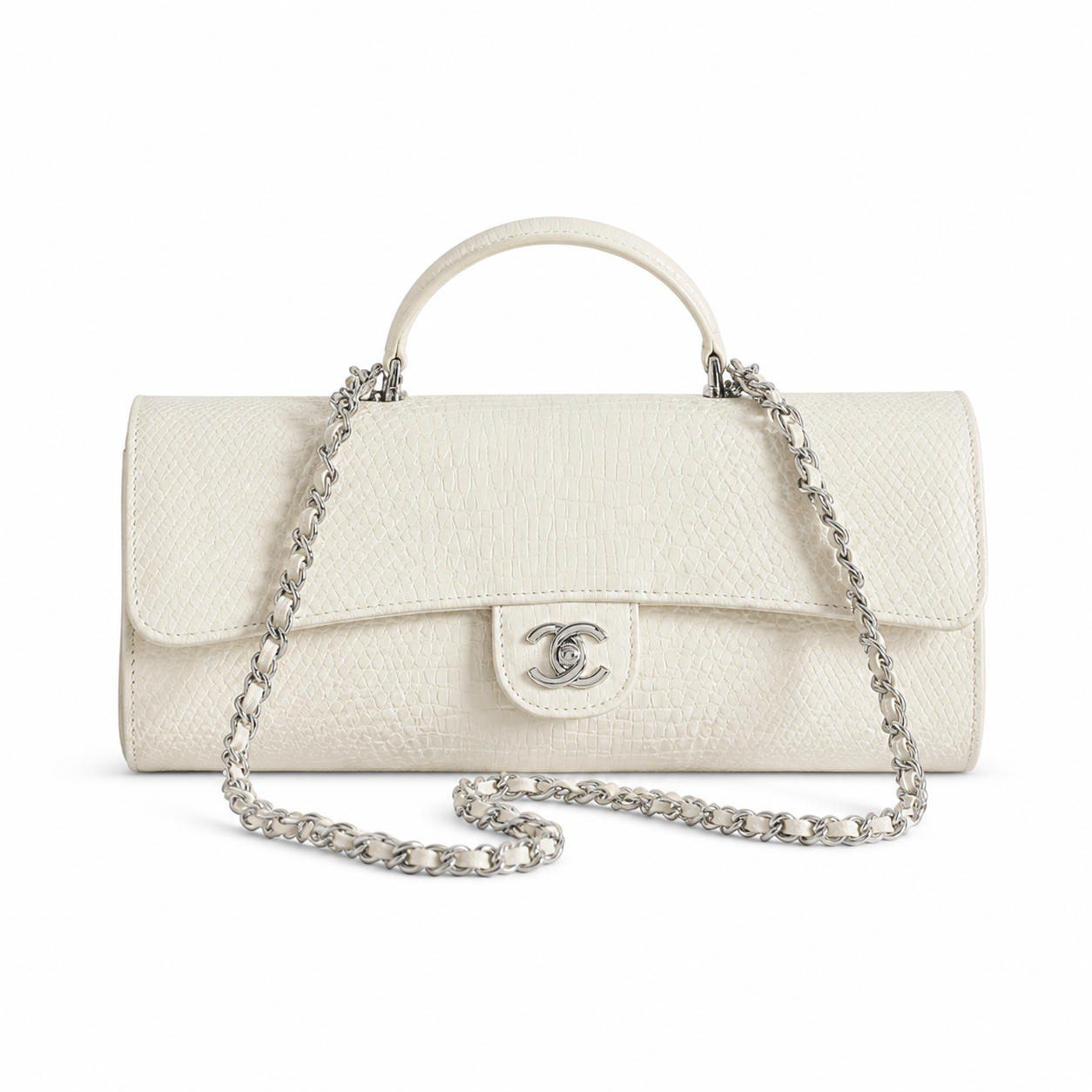 Chanel CC Embossed Cylindrical Flap Bag | White & Silver — 25cm