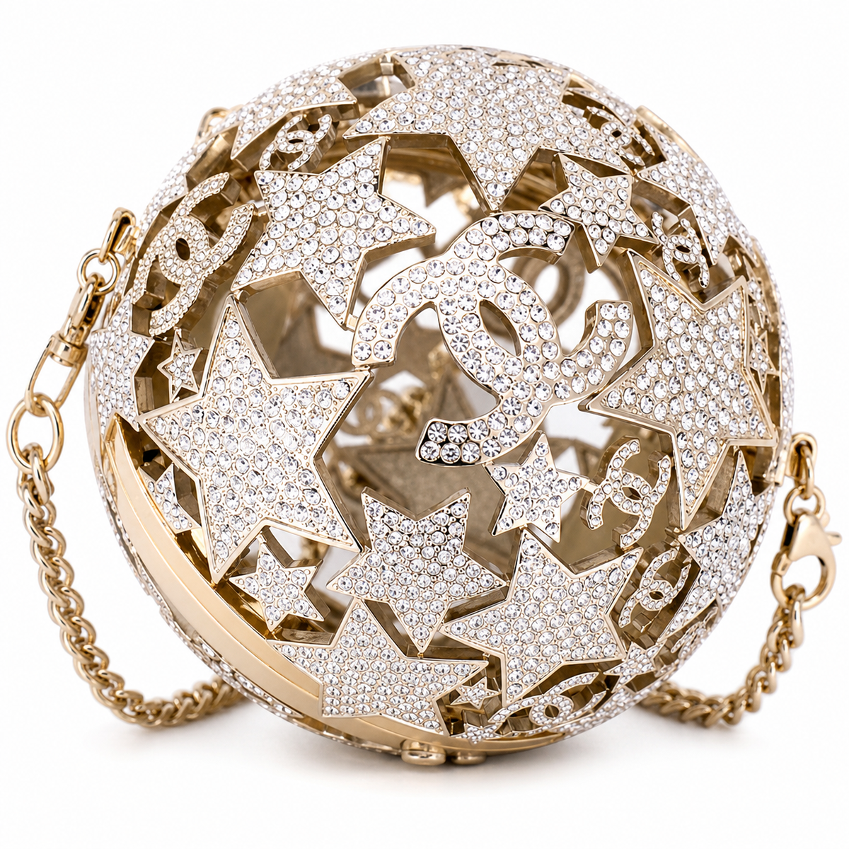 Chanel CC Crystal Star Globe Minaudiere | Gold Filigree & Chain — 13cm