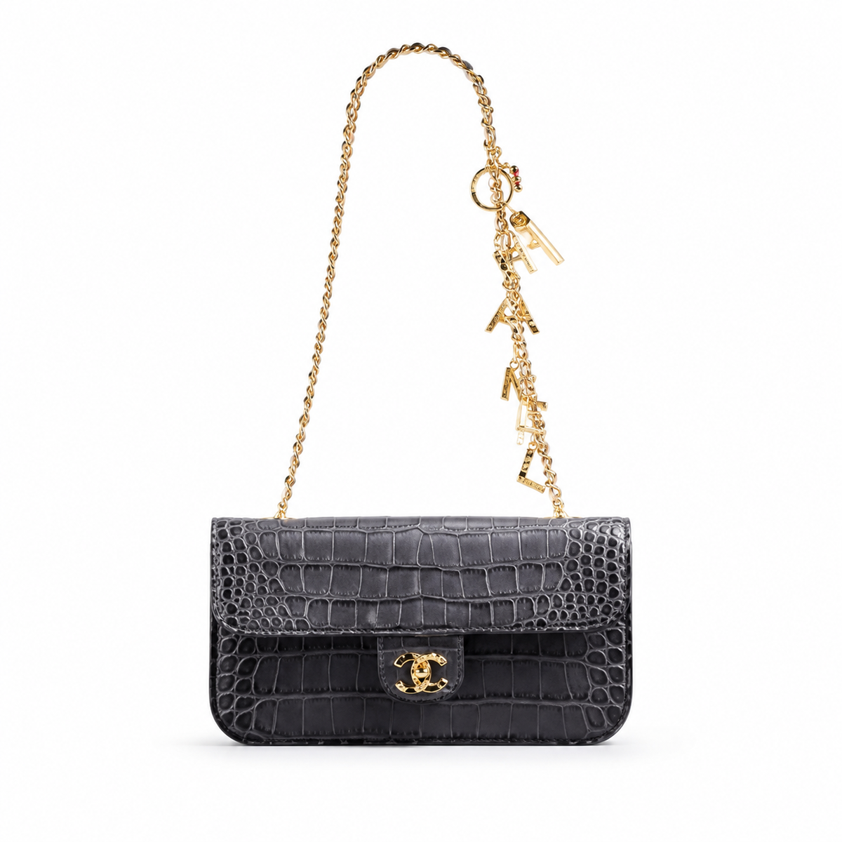 Chanel Charcoal Grey Croc-Embossed Flap Bag | Gold Bar Push-Lock, Jewelled Chain & Burgundy Interior