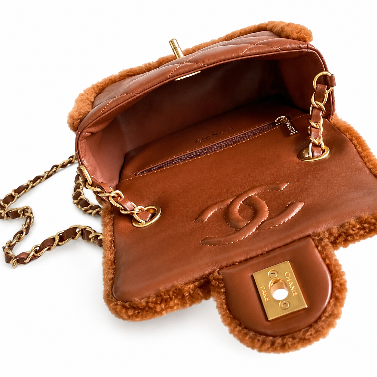 Chanel Shearling Trim Quilted Flap Bag | Gold Chain Caramel Brown — 12x18cm