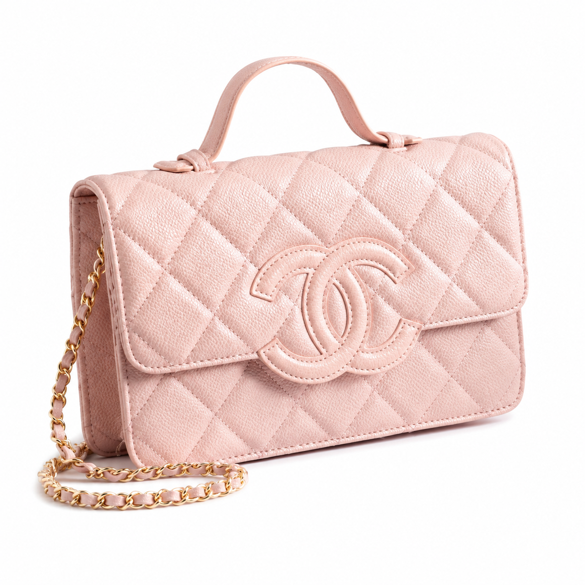 Chanel Blush Pink Aged Caviar Quilted Flap Bag | Oversized CC Logo, Top Handle & Gold Chain