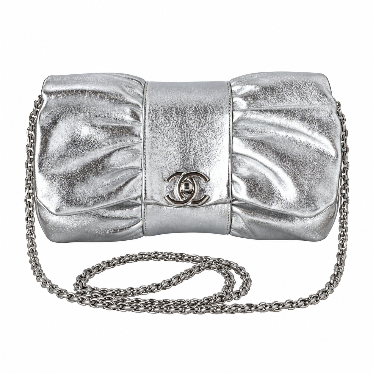 Chanel Bow Bag Ruched Metallic Crinkled Calfskin Silver 22cm