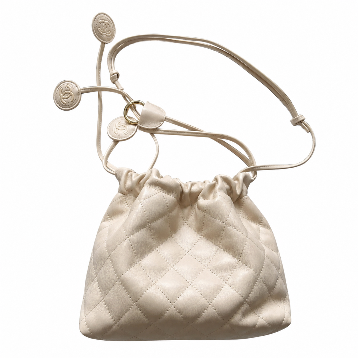 Chanel Ivory Lambskin Quilted Drawstring Bucket Bag | Gold CC Logo & CC Coin Charm Strap