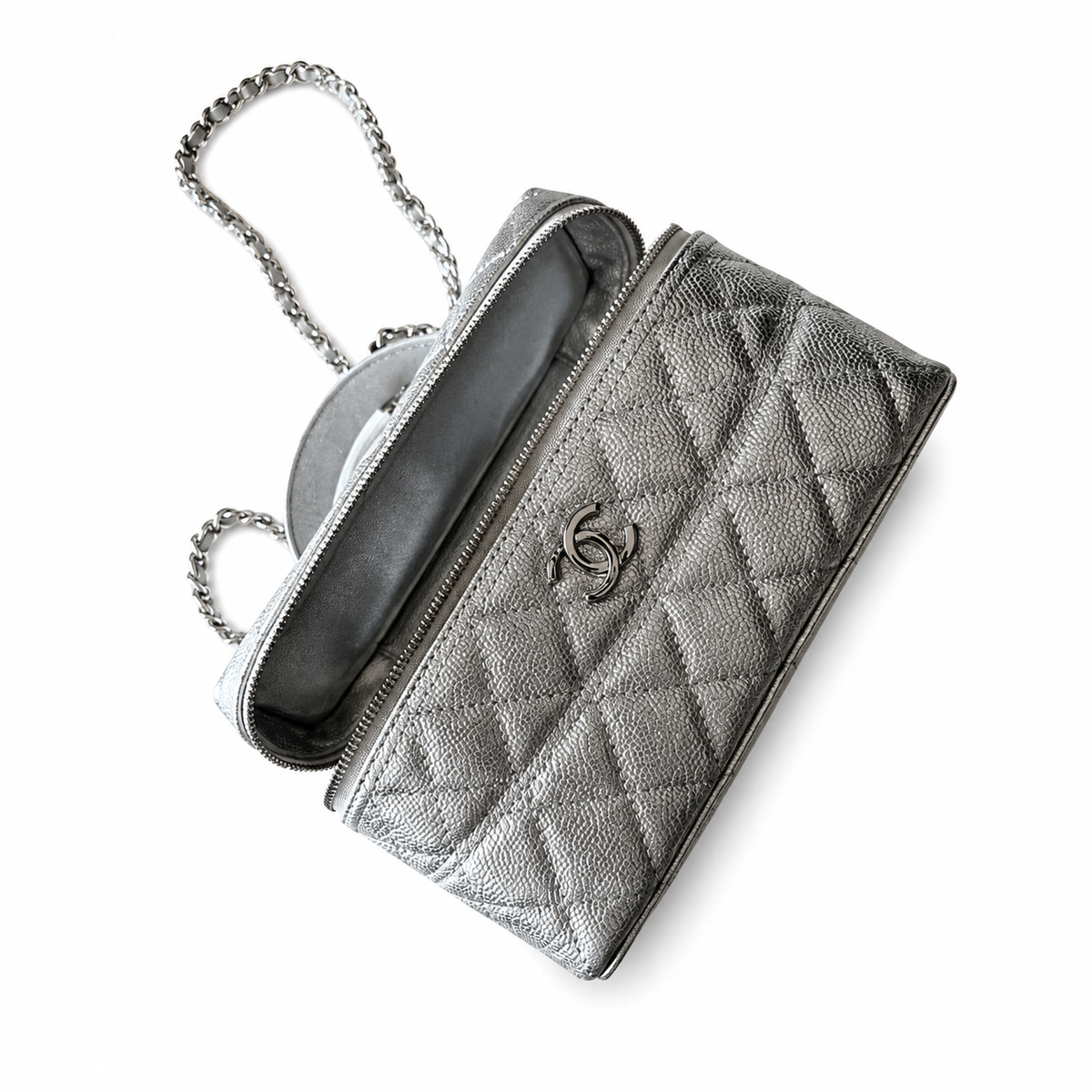 Chanel Silver Metallic Quilted Caviar Vanity Box Bag | Top Handle & Silver Chain