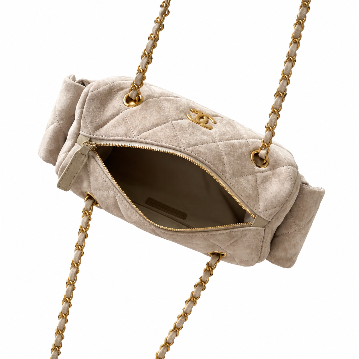 Chanel Ivory Suede Quilted Camera Bag | Gold CC, Leather Base with Dome Feet, Side Pockets & Tonal Double Chain