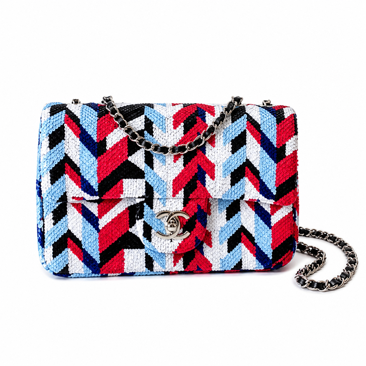 Chanel Oversized Chevron Sequin Flap Bag | Sky Blue, Red, Black & Navy Wrap-Around, Silver Ball CC & Navy Chain