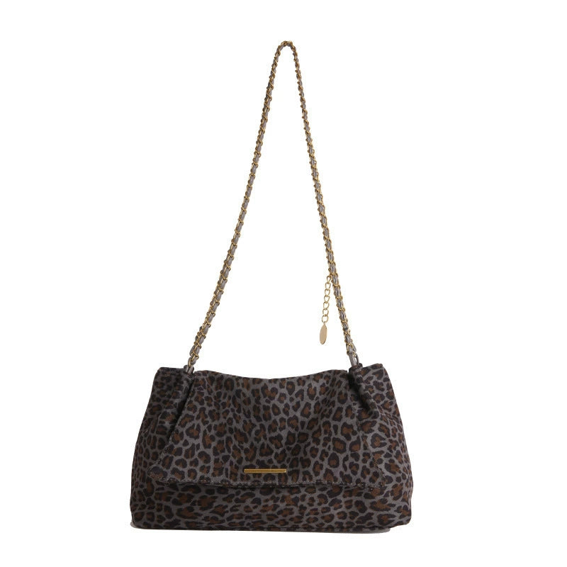 Leopard Print Suede Chain Shoulder Bag 12cm