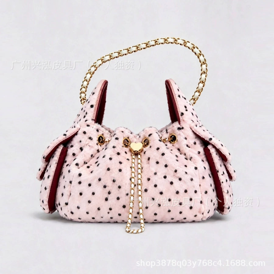 Polka Dot Faux Fur Chain Bucket Bag