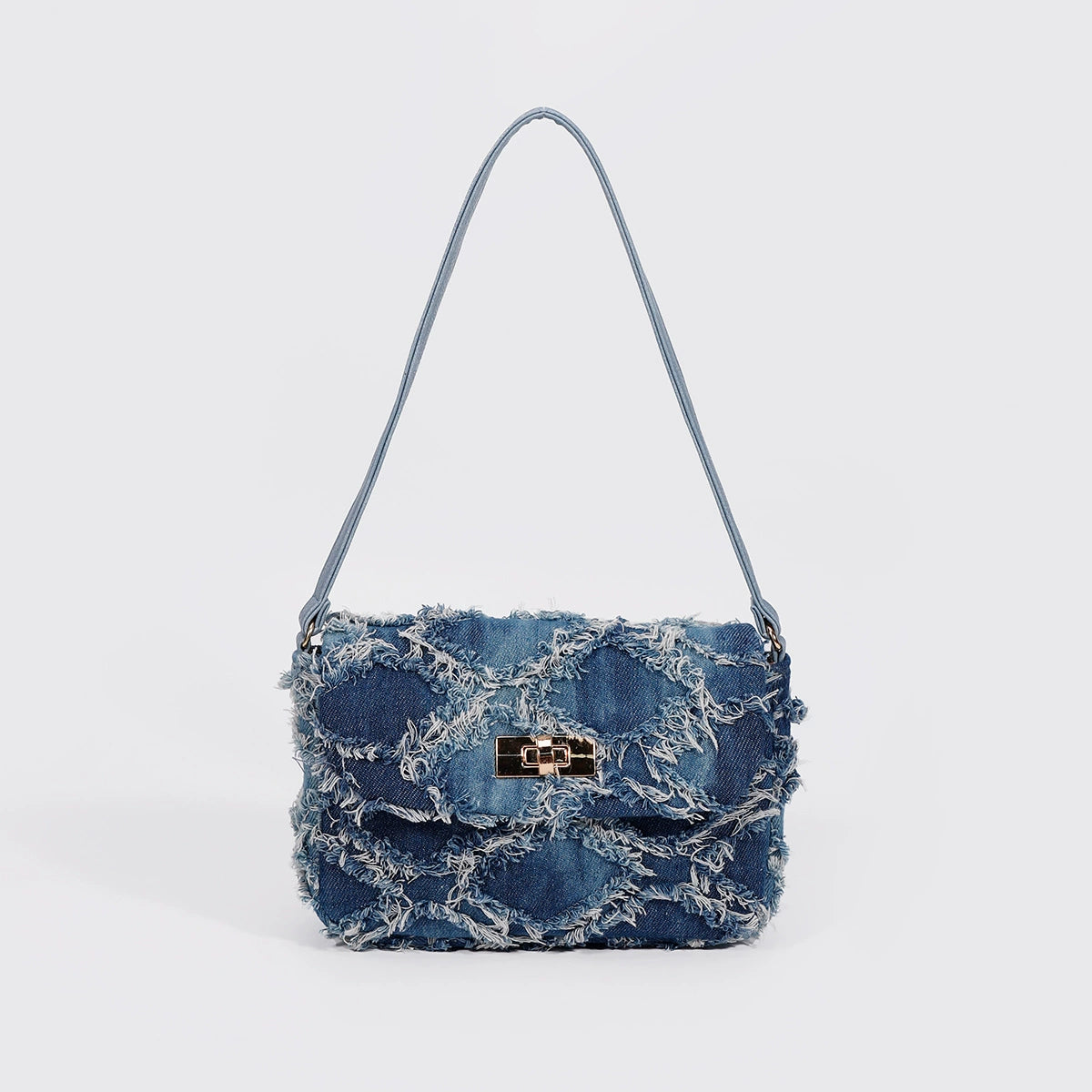 Frayed Denim Quilted Flap Shoulder Bag